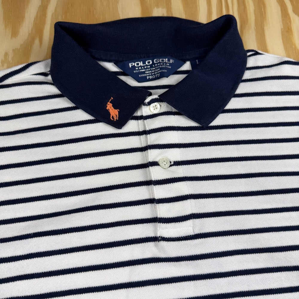 Vinatge Polo Golf Ralph Lauren Men L Pro Fit Striped Pima Cotton Polo Shirt Navy